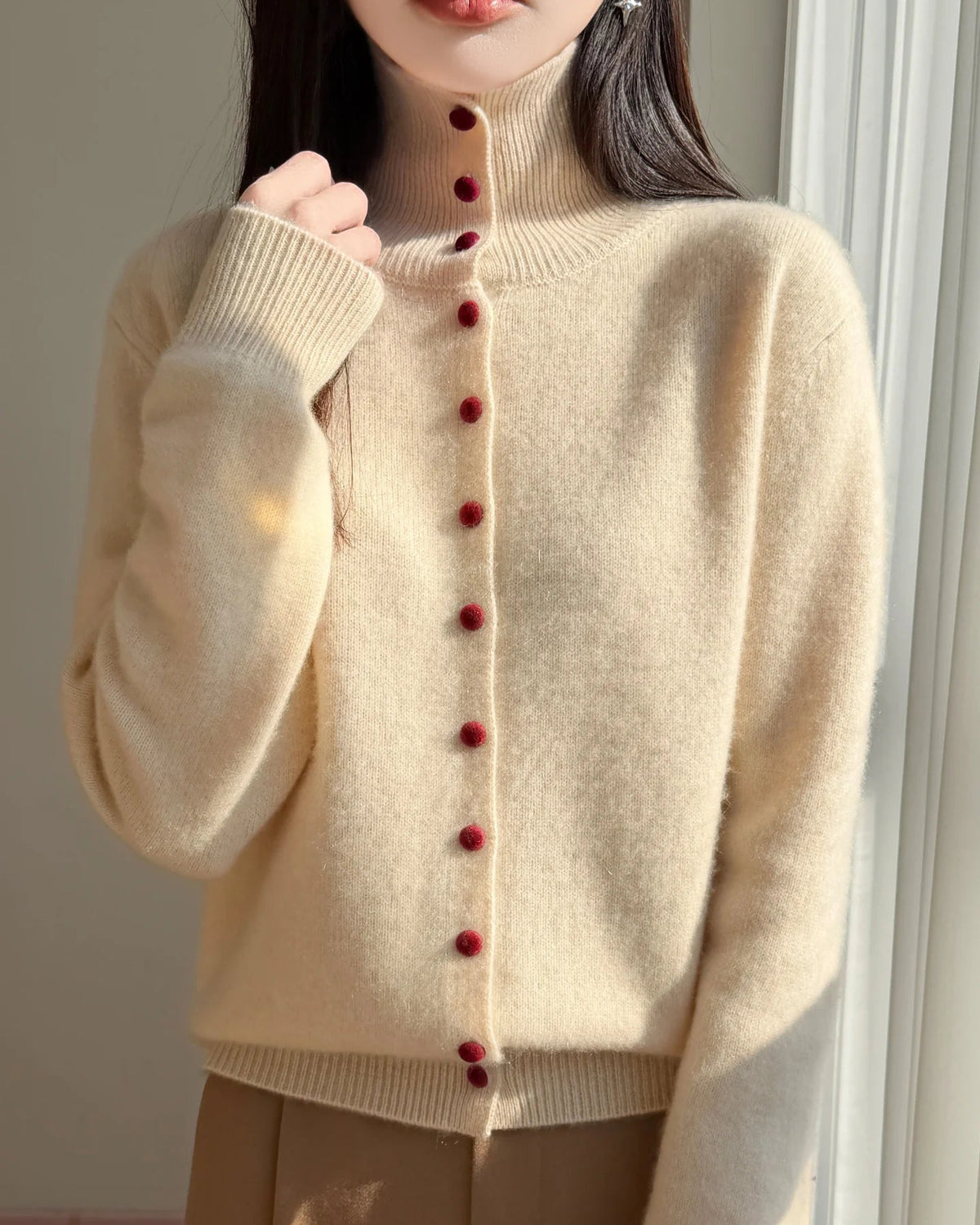 Wool High Neck Knit Cardigan