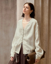 Loose V-Neck Button-Down Long-Sleeved Shirt