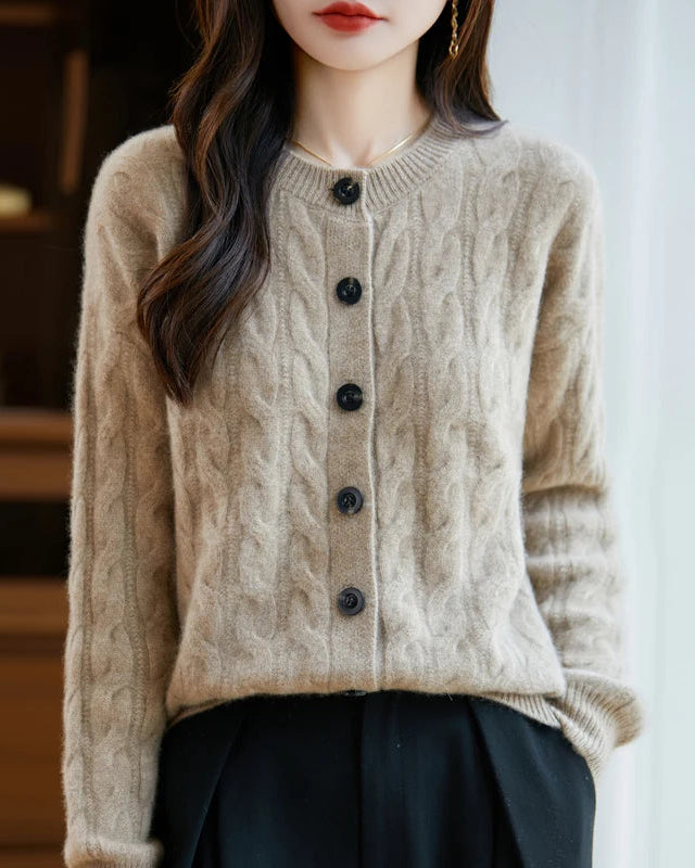 Wool O-Neck Twisted Single-Breasted Cardigan Sweater