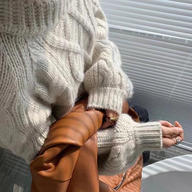 Twisted Woolen Knit Round Neck Sweater