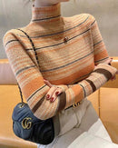 Striped Half-High Collar Slim Knit Pullover