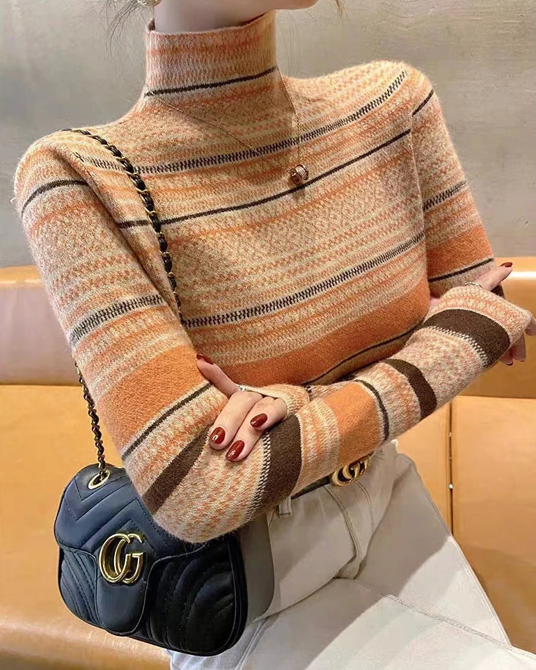 Striped Half-High Collar Slim Knit Pullover