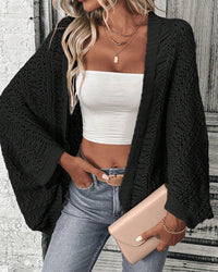 Solid Hollow-Out Batwing Sleeve Loose Knit Cardigan
