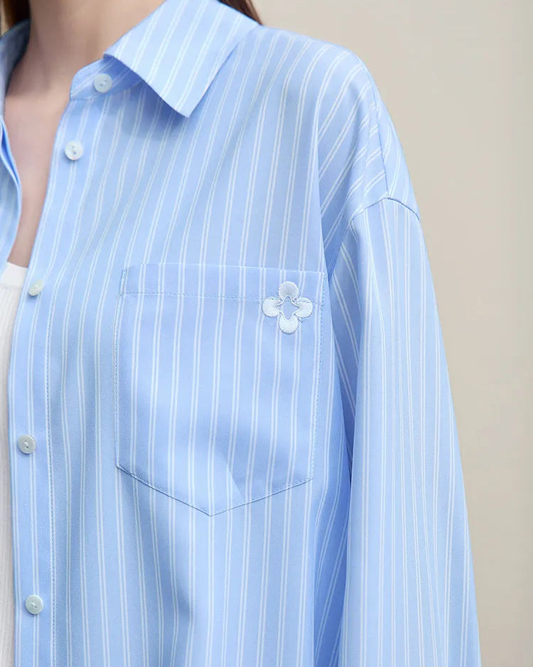 Loose-Fitting Casual Striped Embroidered Shirt