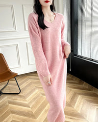 Wool V-Neck Long Sweater Dress