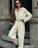 Loose knit cardigan and elastic waist trousers 2-piece set in viscose-polyester-nylon blend. Thick, warm, and soft — a casual sweater suit for women in autumn and winter.