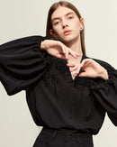Chiffon Embroidered V-Neck Lantern Sleeve Blouse