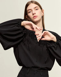 Chiffon Embroidered V-Neck Lantern Sleeve Blouse