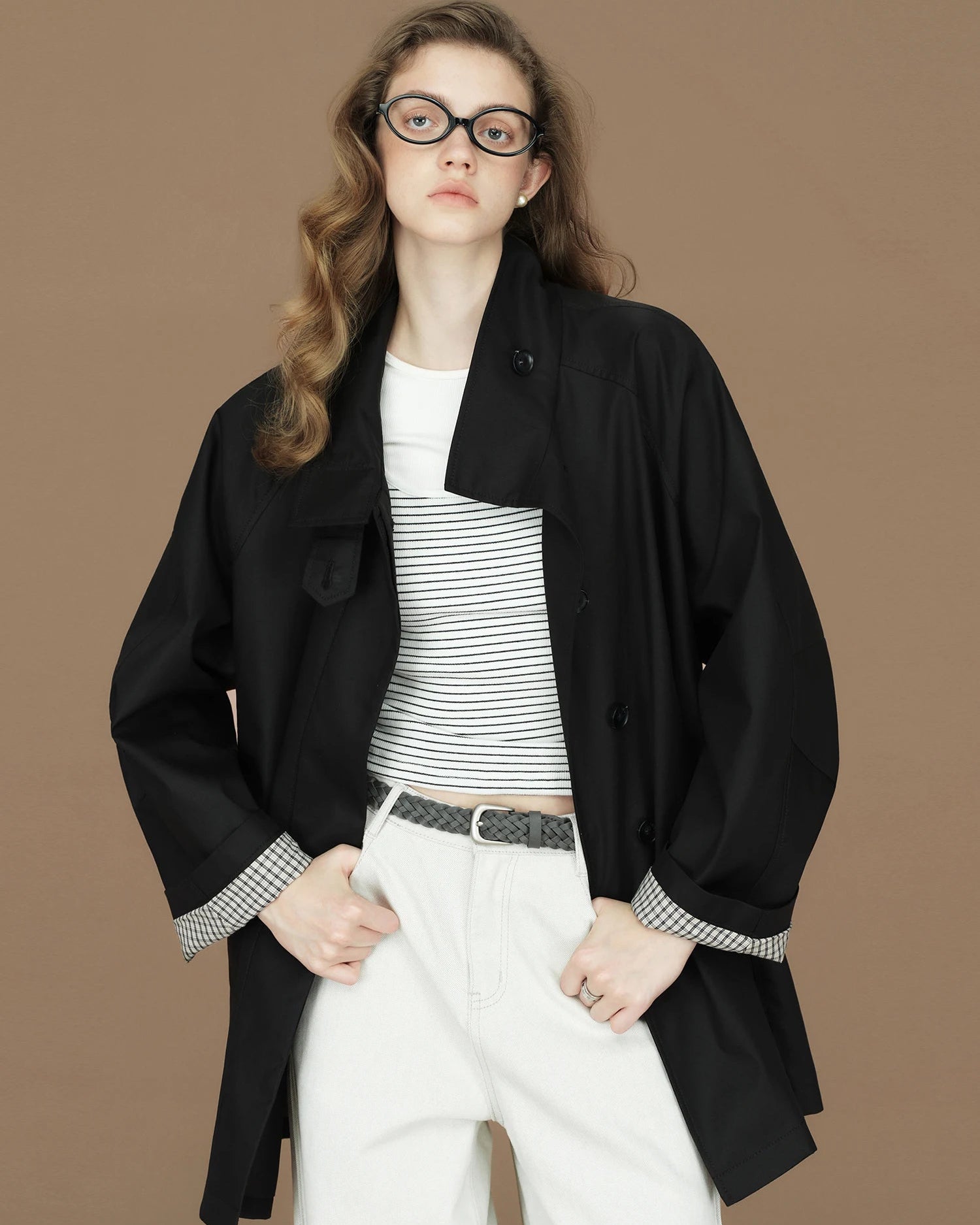 Contrast-Cuff Stand-Collar Short Trench Coat