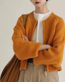 100% merino wool O-neck short loose open cardigan jacket. Extra-heavy, medium stretch — a soft, warm, casual autumn winter knitwear coat for women.