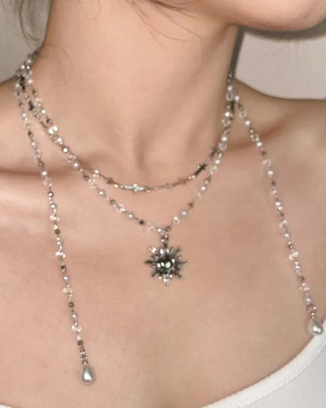Punk Silver Sun Pendant Cross Beaded Necklace