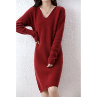 V-Neck 100% Merino Wool Knitted Dress GentleHerd