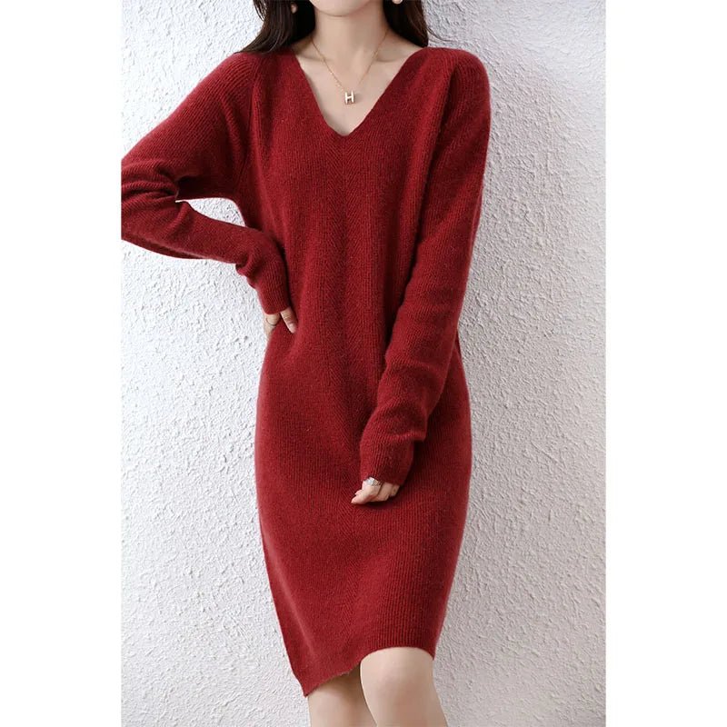V-Neck 100% Merino Wool Knitted Dress GentleHerd
