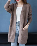 Solid V-Neck Open-Front Pocket Loose Knit Cardigan