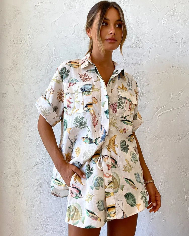 Printed Short Sleeve Shirt & Shorts Linen Set