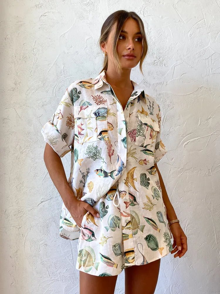 Printed Short Sleeve Shirt & Shorts Linen Set