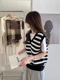 Vintage Striped V-Neck Pure Wool Knitted Waistcoat