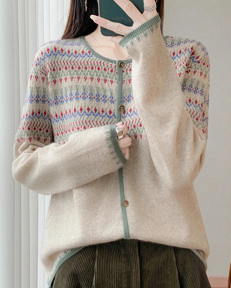 Contrast Jacquard Wool Cardigan