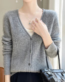 100% merino wool V-neck curled twisted hollow-out open cardigan. Thick, medium stretch — a casual autumn winter knitwear bottoming top for women.