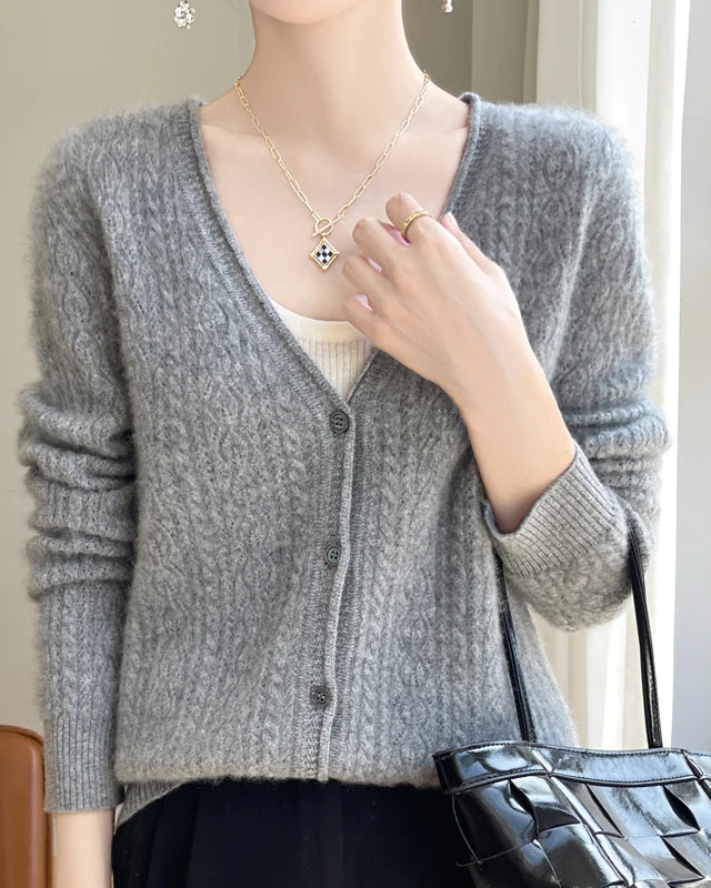 100% merino wool V-neck curled twisted hollow-out open cardigan. Thick, medium stretch — a casual autumn winter knitwear bottoming top for women.