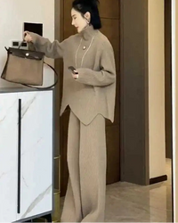 Turtleneck Knit Sweater & Wide-Leg Pants Two-Piece Set
