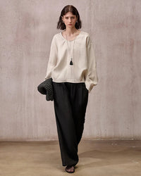 Fashionable Linen U-Neck Long-Sleeved Shirt