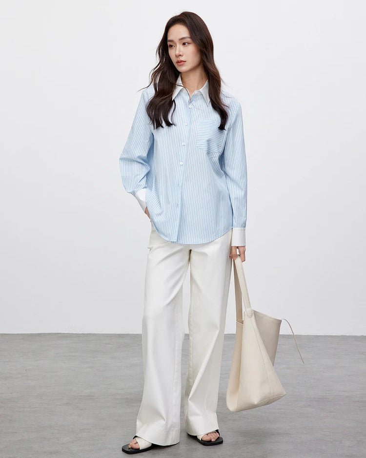 Striped Straight-Cut Long-Sleeved Shirt With Pockets
