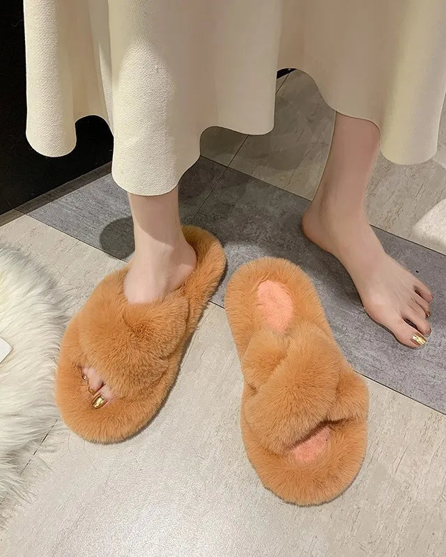 Cross-Strap Plush House Slippers
