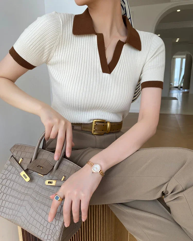 Slim Knit V-Neck Short Sleeve Top
