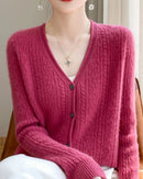 Wool V-Neck Curled Twisted Hollow-Out Open Cardigan