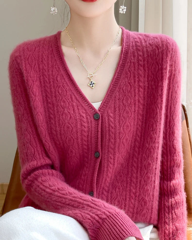 Wool V-Neck Curled Twisted Hollow-Out Open Cardigan