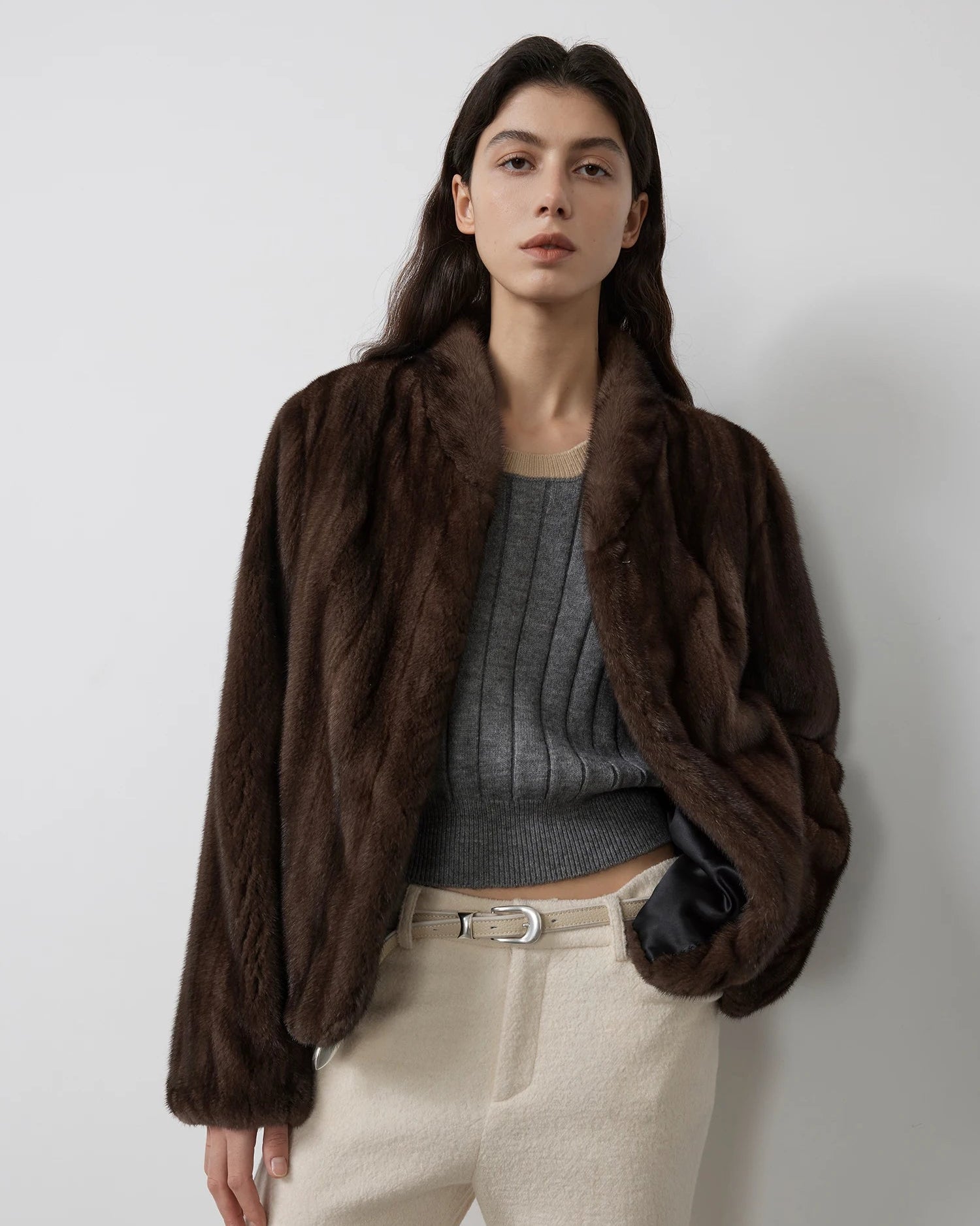 Faux Mink Fur Solid Stand Collar Pocket Short Coat