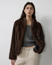 Faux Mink Fur Solid Stand Collar Pocket Short Coat