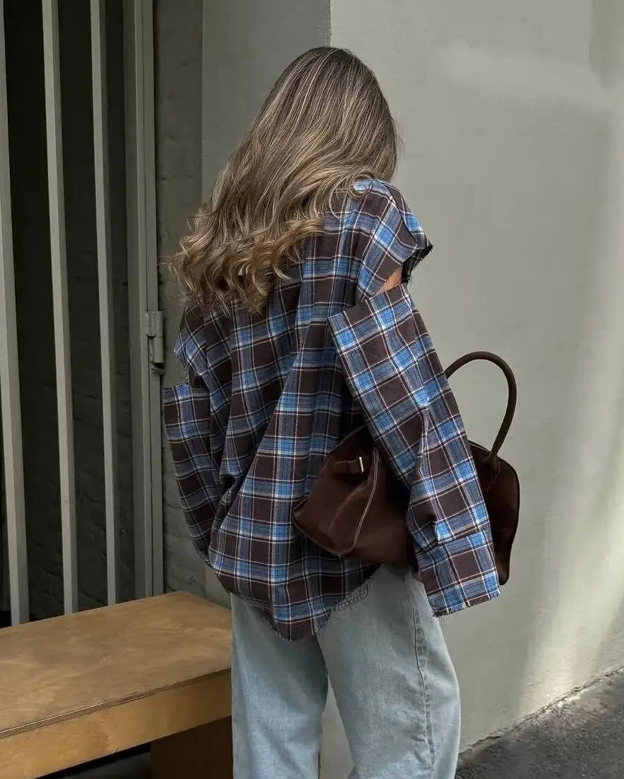 Plaid Lapel Single-Breasted Pocket Loose Shirt