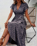 Floral Print V-Neck Lace-Up Flare Sleeve Midi Dress