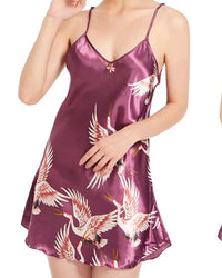 Satin Crane Print V-Neck Slip Nightgown