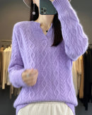 Mink Cashmere Argyle V-Neck Cable Knit Pullover