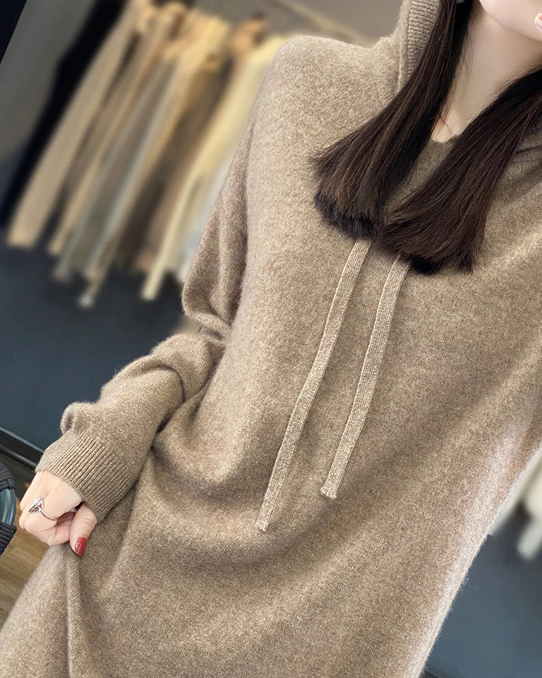 Drawstring Hooded Wool Dress