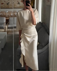 Pleated Short Sleeve Side Zipper Midi Dress