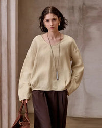 Fashionable Linen U-Neck Long-Sleeved Shirt