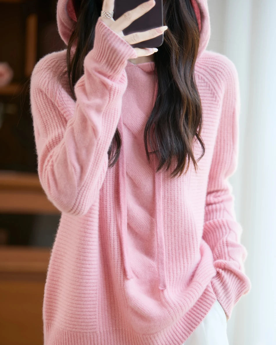 Merino Wool Hooded Cable Pullover Sweater