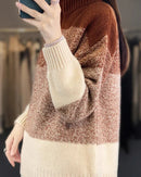 Color Block High Collar Wool Knitted Pullover Sweater