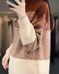 Color Block High Collar Wool Knitted Pullover Sweater