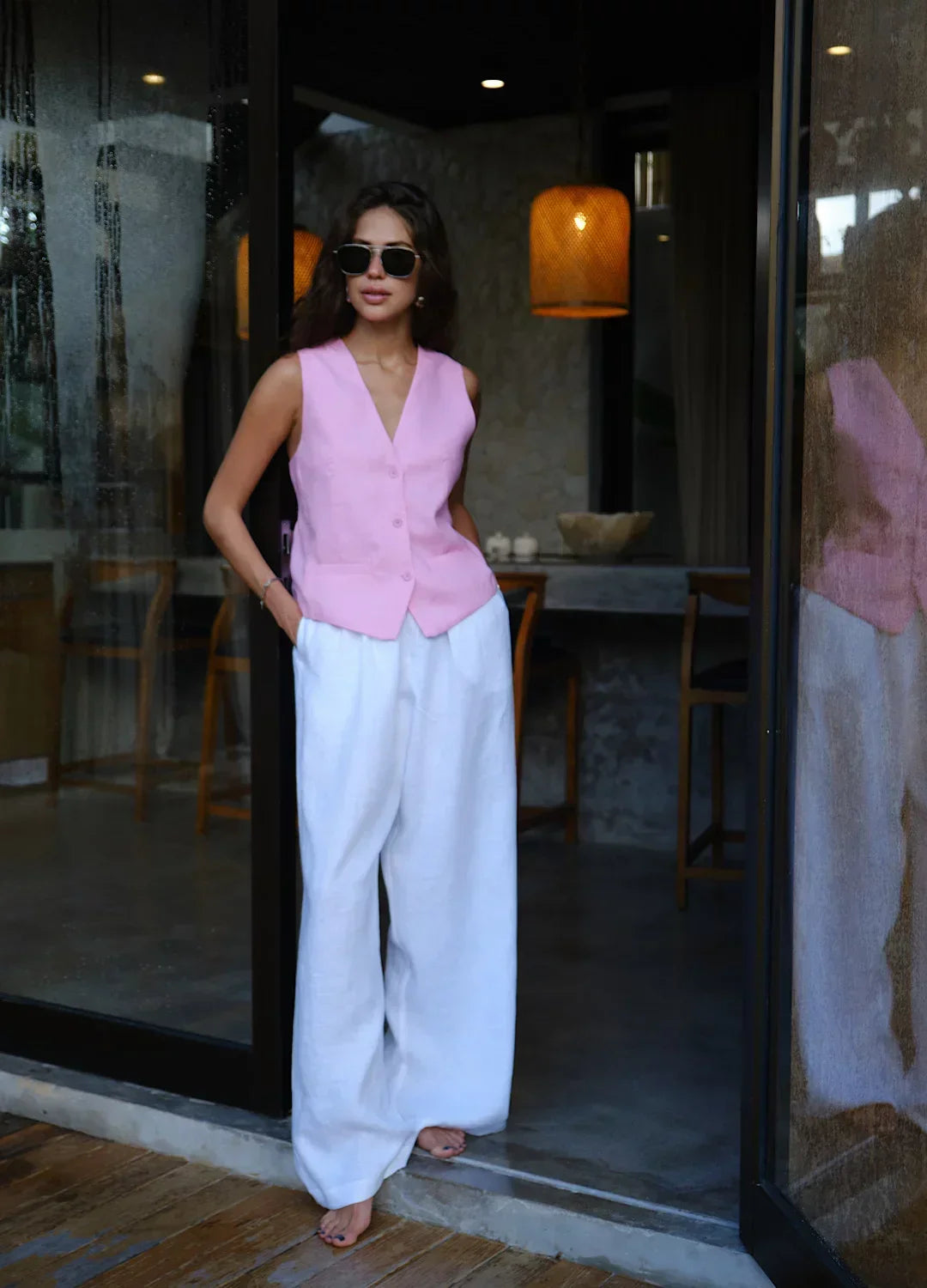 High Waisted Linen Blended Straight Leg Pants