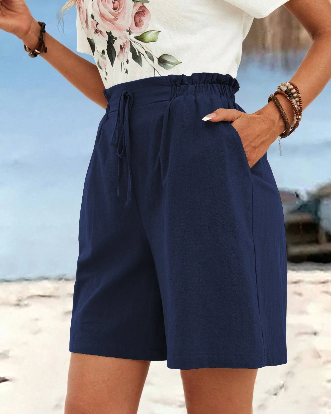 High-Waisted Linen Drawstring Shorts