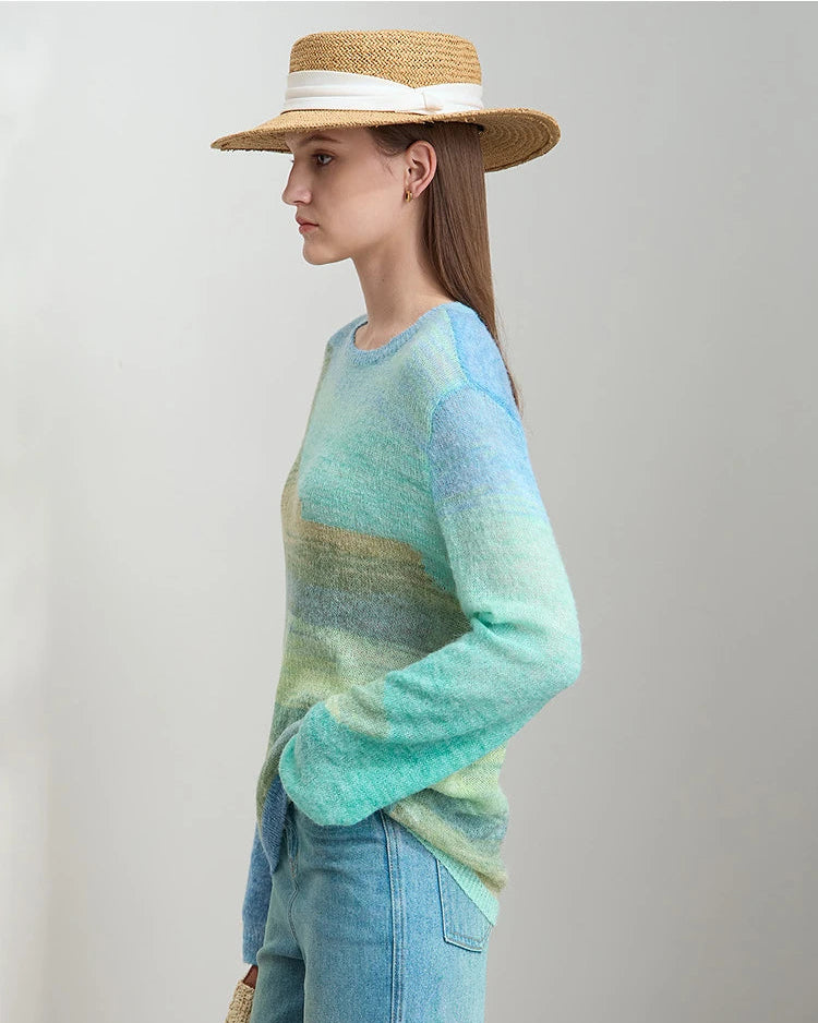 Round Neck Color-Blocked Long-Sleeved Knit Cardigan