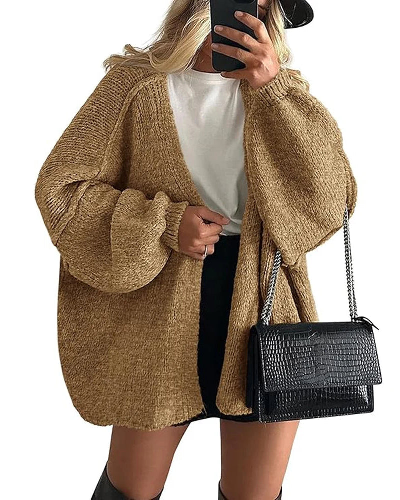 Solid V-Neck Loose Long Knit Cardigan Coat