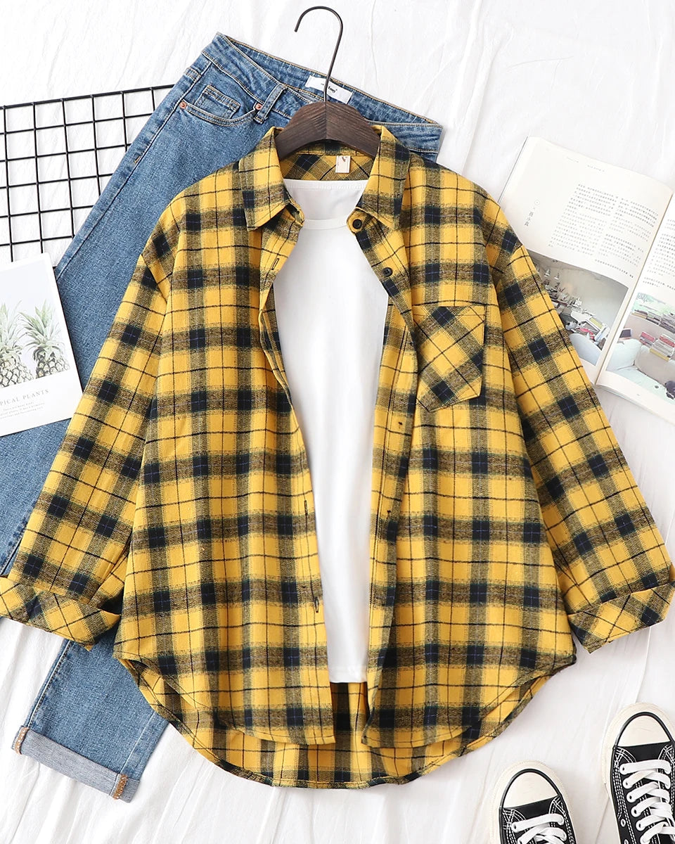 Plaid Lapel Single-Breasted Loose Shirt