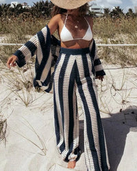 Crochet Knit Cardigan & Wide-Leg Trouser 2-Piece Set