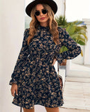 Turtleneck long sleeve floral print A-line dress. Slim-fit polyester, knee-length — casual vintage office style for autumn and winter.